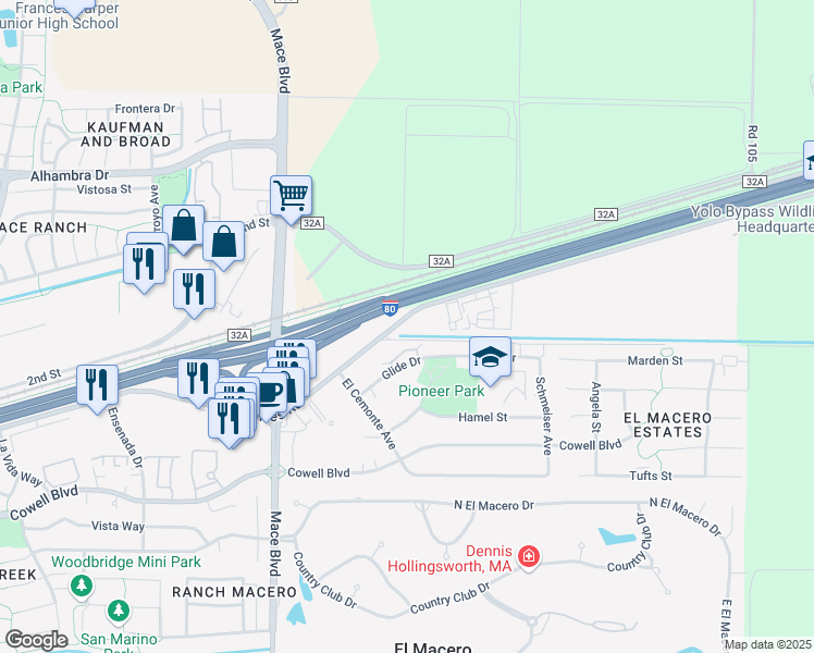 map of restaurants, bars, coffee shops, grocery stores, and more near 5060 Chiles Road in Davis