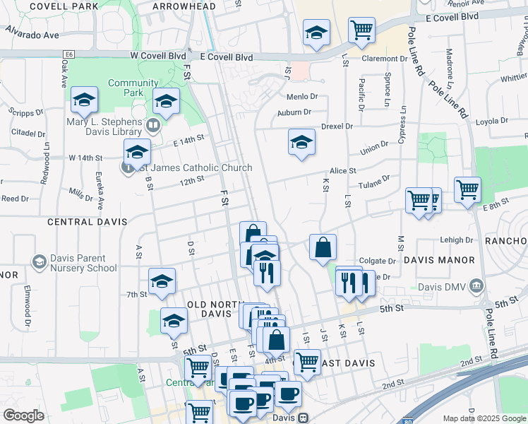 map of restaurants, bars, coffee shops, grocery stores, and more near 921 J Street in Davis