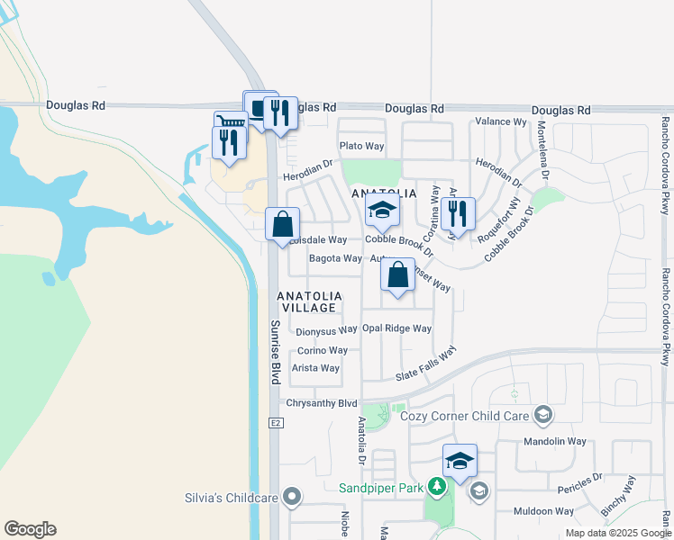 map of restaurants, bars, coffee shops, grocery stores, and more near 11775 Battenburg Way in Rancho Cordova