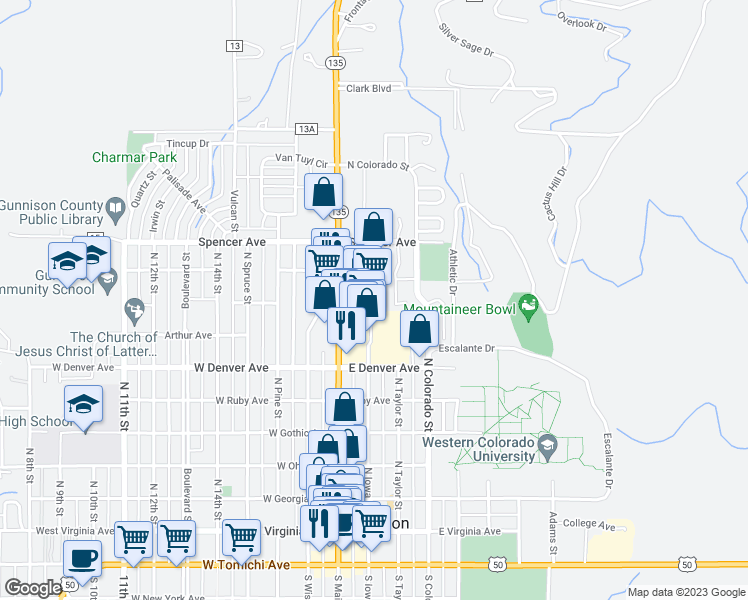 map of restaurants, bars, coffee shops, grocery stores, and more near 880 North Main Street in Gunnison