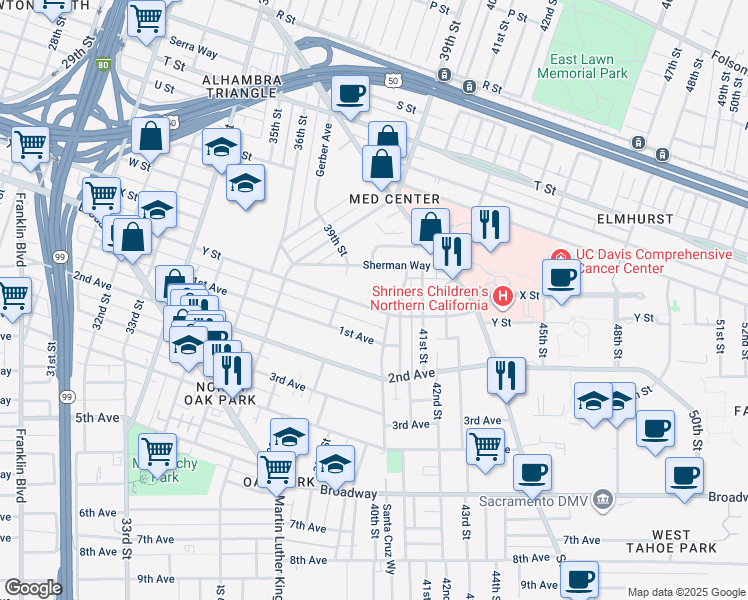 map of restaurants, bars, coffee shops, grocery stores, and more near 3930 Y Street in Sacramento