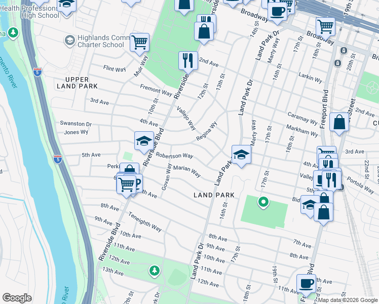 map of restaurants, bars, coffee shops, grocery stores, and more near 1220 Robertson Way in Sacramento