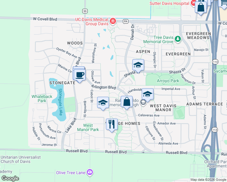 map of restaurants, bars, coffee shops, grocery stores, and more near 2502 Oakenshield Road in Davis