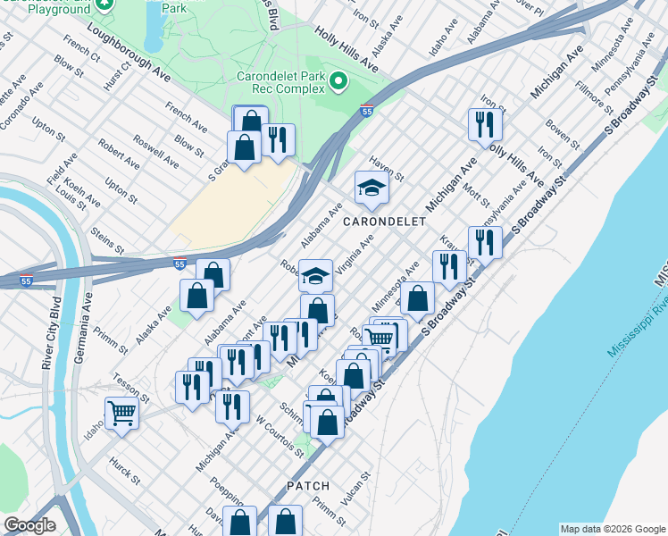 map of restaurants, bars, coffee shops, grocery stores, and more near 7120 Virginia Avenue in St. Louis