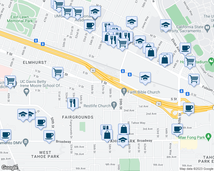 map of restaurants, bars, coffee shops, grocery stores, and more near 5770 T Street in Sacramento