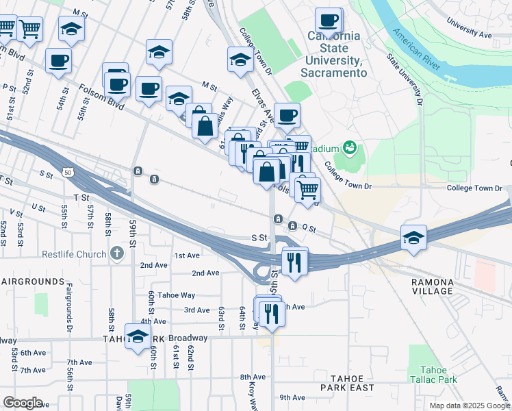 map of restaurants, bars, coffee shops, grocery stores, and more near 6400 Folsom Boulevard in Sacramento