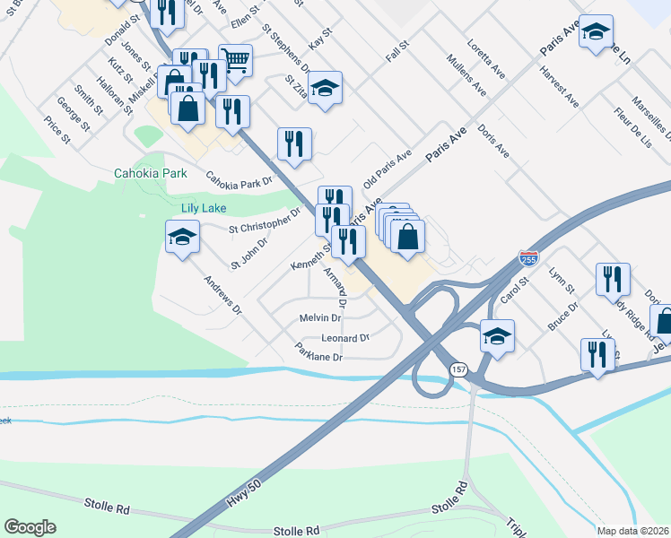 map of restaurants, bars, coffee shops, grocery stores, and more near 1615 Armand Drive in Sauget