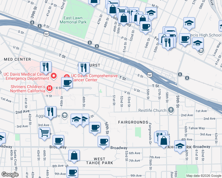map of restaurants, bars, coffee shops, grocery stores, and more near 2216 51st Street in Sacramento