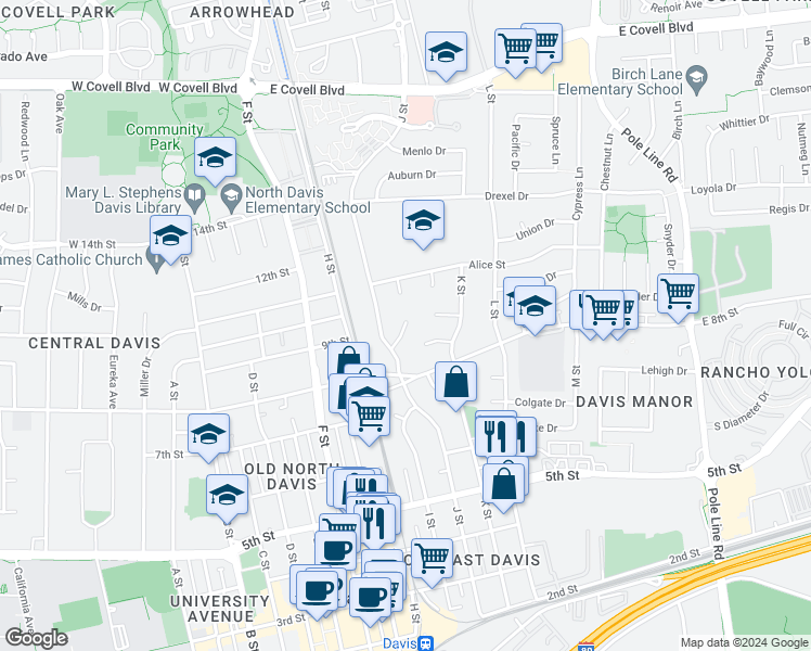 map of restaurants, bars, coffee shops, grocery stores, and more near 1021 Columbia Place in Davis