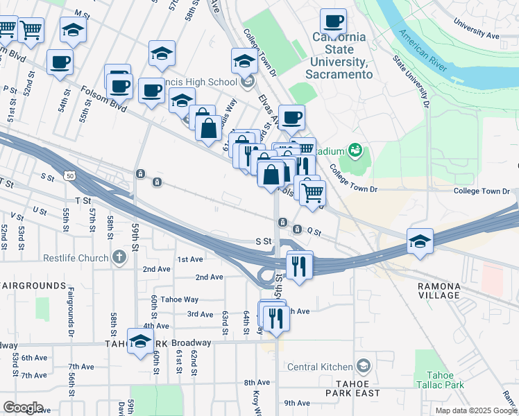 map of restaurants, bars, coffee shops, grocery stores, and more near 6400 Folsom Boulevard in Sacramento