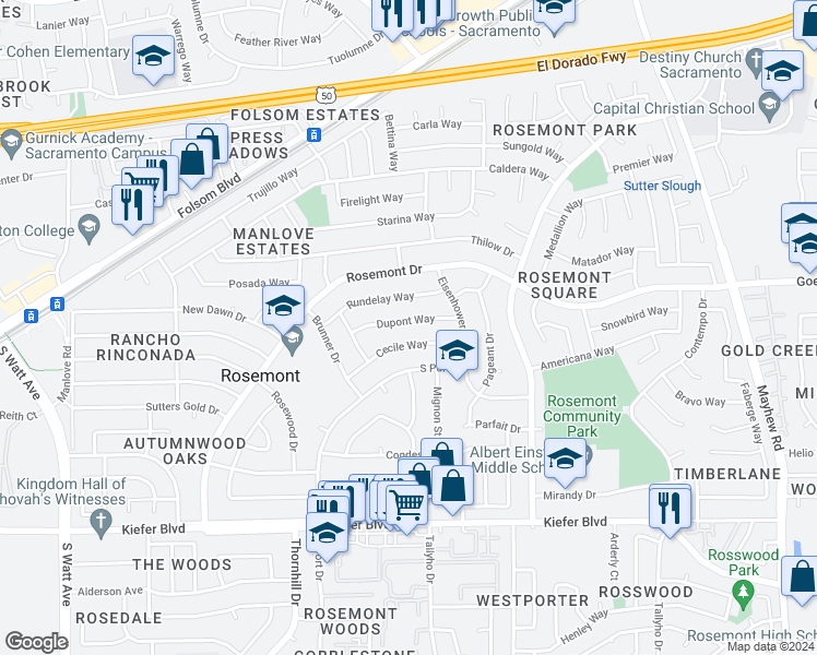 map of restaurants, bars, coffee shops, grocery stores, and more near 9140 Dupont Way in Sacramento
