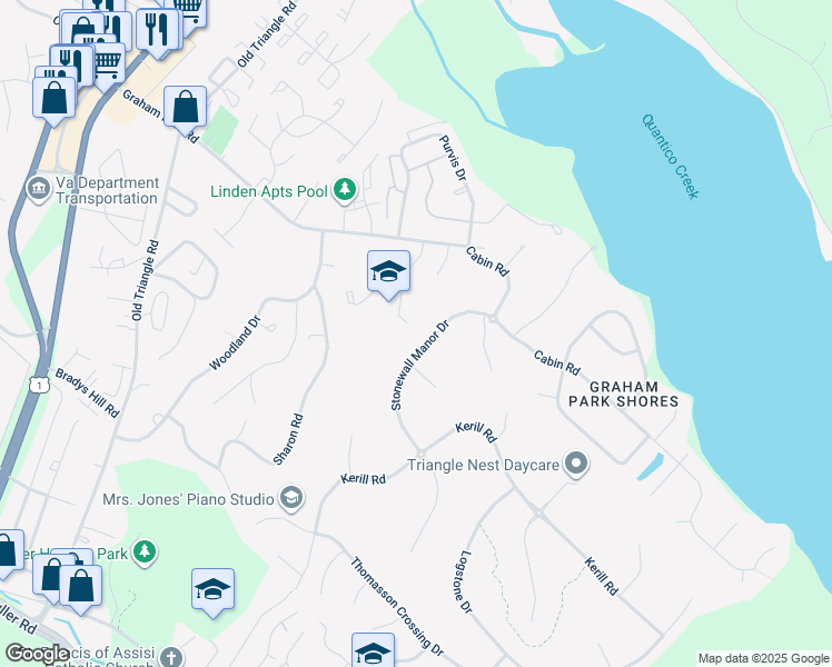 map of restaurants, bars, coffee shops, grocery stores, and more near 3731 Stonewall Manor Drive in Triangle