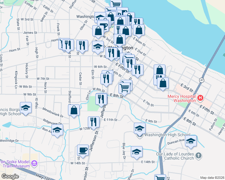 map of restaurants, bars, coffee shops, grocery stores, and more near 205 East 8th Street in Washington