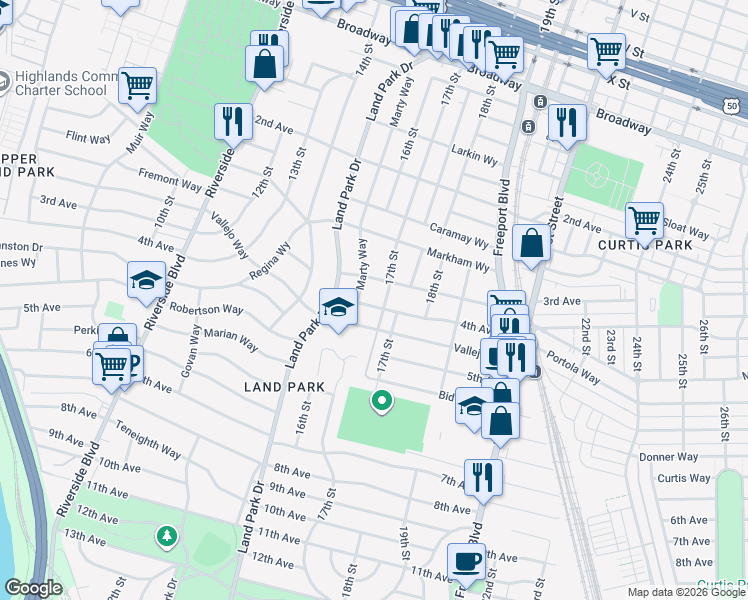 map of restaurants, bars, coffee shops, grocery stores, and more near 1604 4th Avenue in Sacramento