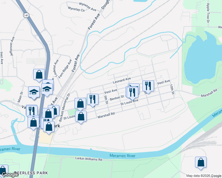 map of restaurants, bars, coffee shops, grocery stores, and more near 531 Vest Avenue in Valley Park