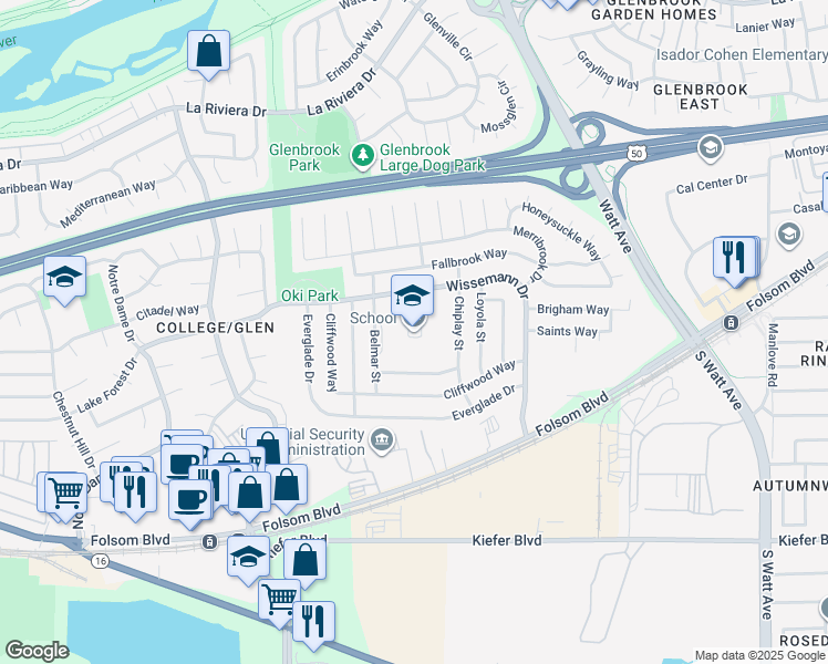 map of restaurants, bars, coffee shops, grocery stores, and more near 2929 Belmar Street in Sacramento