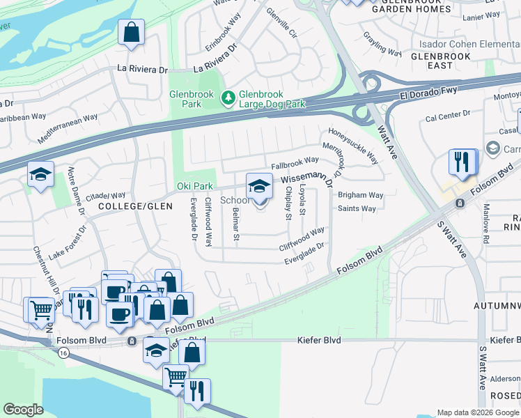 map of restaurants, bars, coffee shops, grocery stores, and more near 2929 Belmar Street in Sacramento