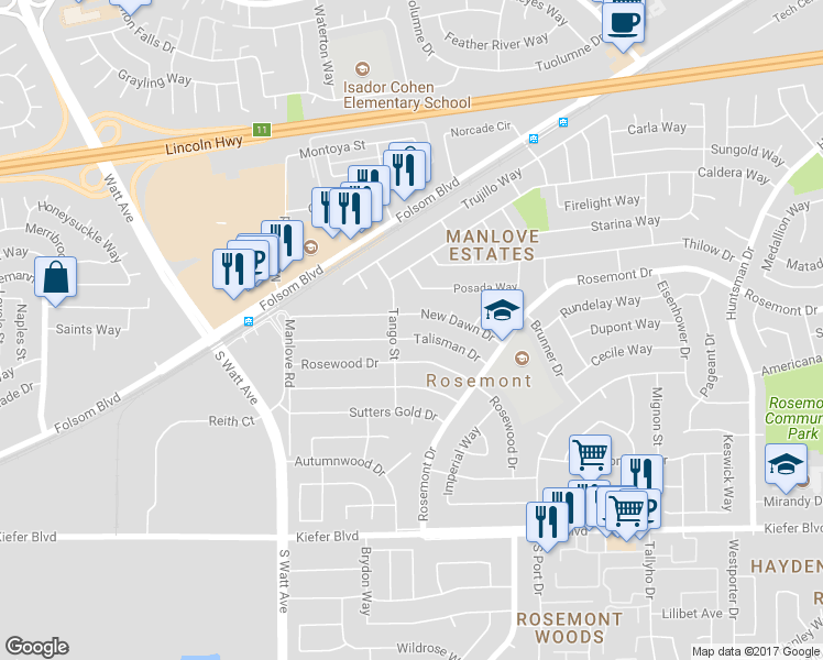 map of restaurants, bars, coffee shops, grocery stores, and more near 9000 Talisman Drive in Sacramento