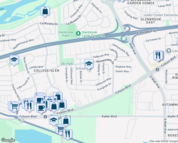 map of restaurants, bars, coffee shops, grocery stores, and more near 2929 Belmar Street in Sacramento