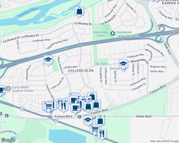 map of restaurants, bars, coffee shops, grocery stores, and more near 8411 Denison Court in Sacramento