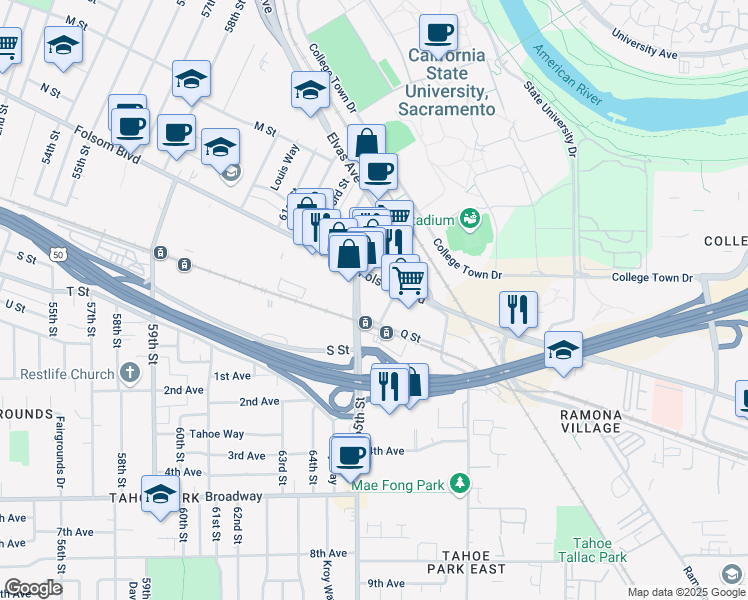 map of restaurants, bars, coffee shops, grocery stores, and more near 1500 67th Street in Sacramento
