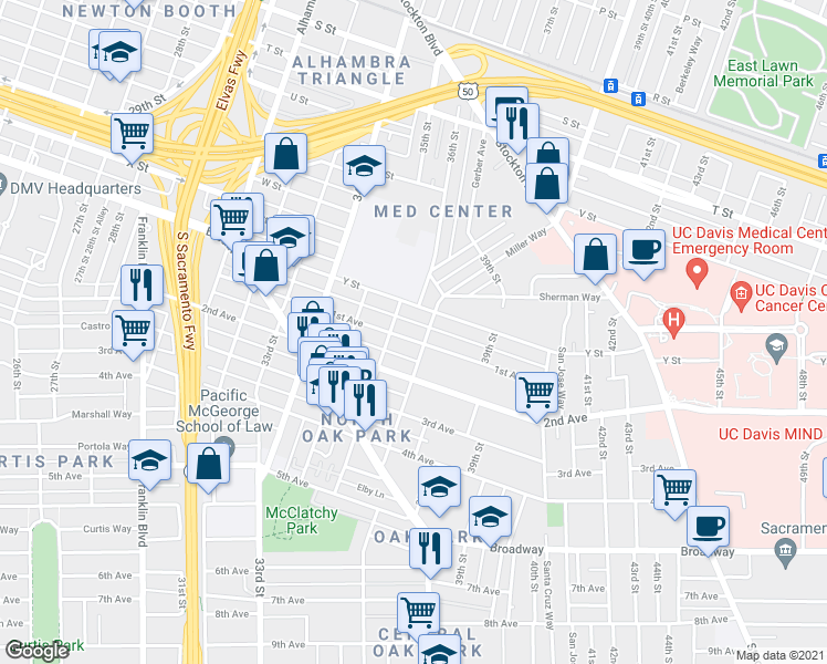 map of restaurants, bars, coffee shops, grocery stores, and more near 3632 1st Avenue in Sacramento