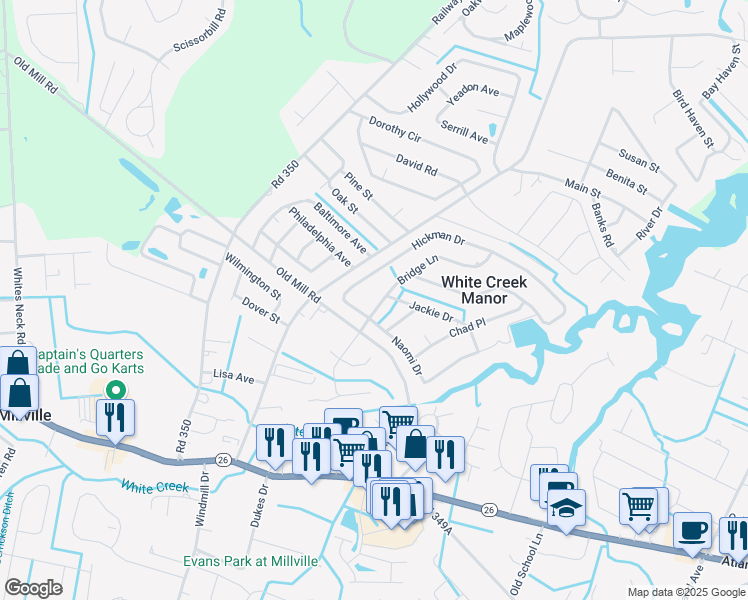 map of restaurants, bars, coffee shops, grocery stores, and more near 603 Bridge Lane in Ocean View