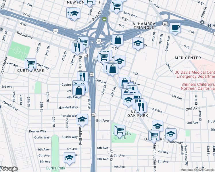 map of restaurants, bars, coffee shops, grocery stores, and more near 3208 2nd Avenue in Sacramento