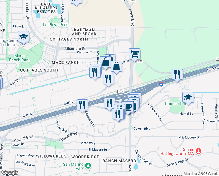 map of restaurants, bars, coffee shops, grocery stores, and more near 3000-3672 County Road 32A in Davis