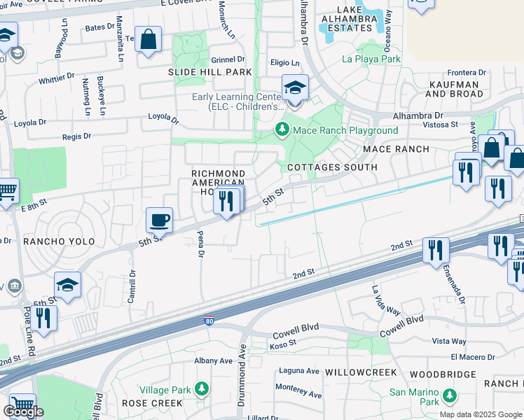 map of restaurants, bars, coffee shops, grocery stores, and more near 2990 5th Street in Davis