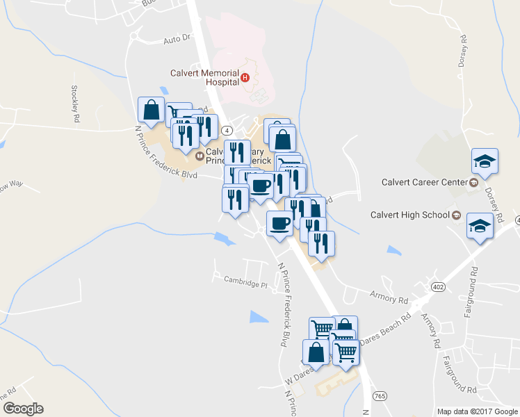 map of restaurants, bars, coffee shops, grocery stores, and more near 721 Prince Frederick Boulevard in Prince Frederick