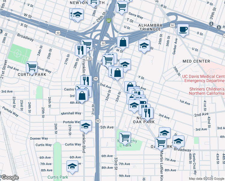 map of restaurants, bars, coffee shops, grocery stores, and more near 3208 2nd Avenue in Sacramento