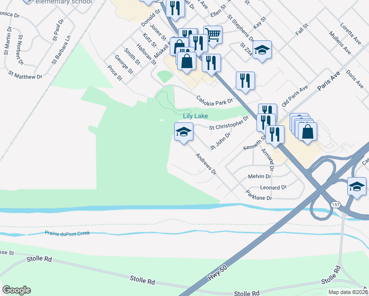 map of restaurants, bars, coffee shops, grocery stores, and more near 1500 Andrews Drive in Cahokia