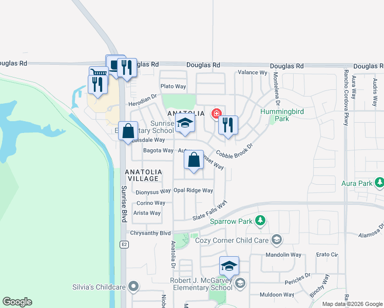 map of restaurants, bars, coffee shops, grocery stores, and more near 11821 Stone Hollow Way in Rancho Cordova