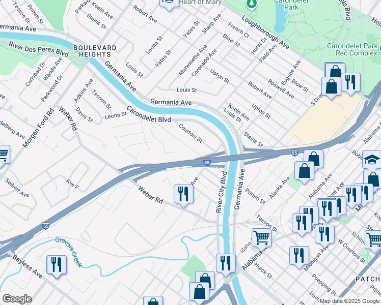 map of restaurants, bars, coffee shops, grocery stores, and more near 3738 Primm Street in St. Louis