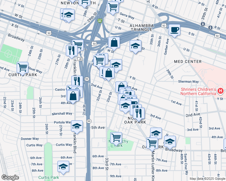 map of restaurants, bars, coffee shops, grocery stores, and more near 3318 Broadway in Sacramento