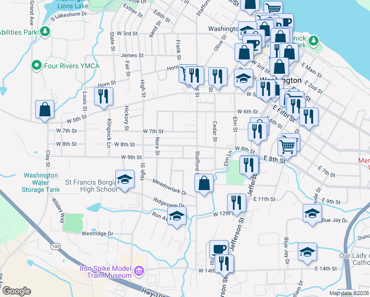 map of restaurants, bars, coffee shops, grocery stores, and more near 610 West 8th Street in Washington