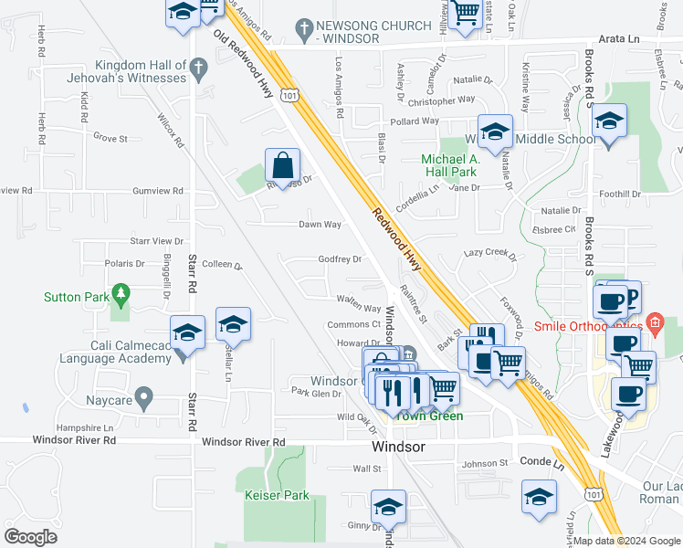 map of restaurants, bars, coffee shops, grocery stores, and more near 337 Jesse Ray Place in Windsor