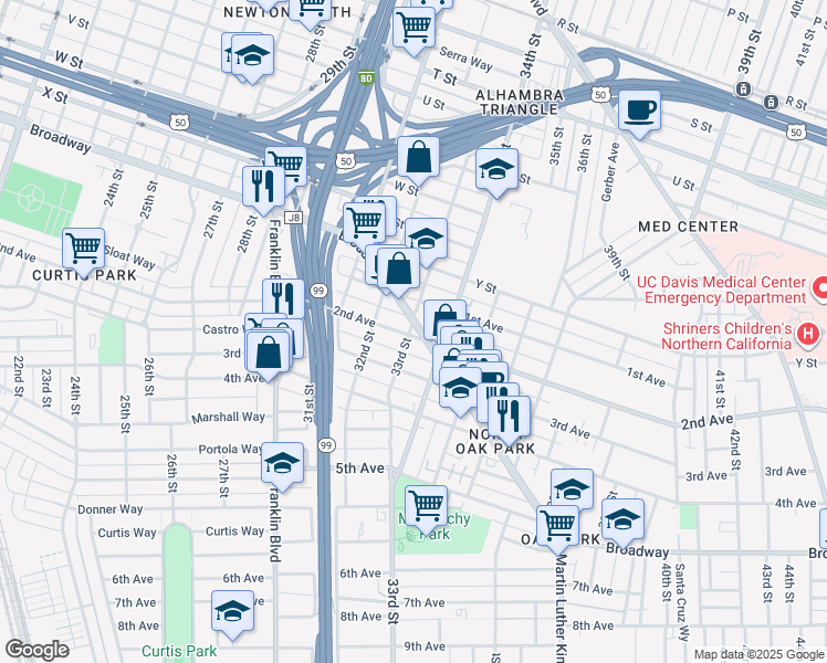 map of restaurants, bars, coffee shops, grocery stores, and more near 3318 Broadway in Sacramento