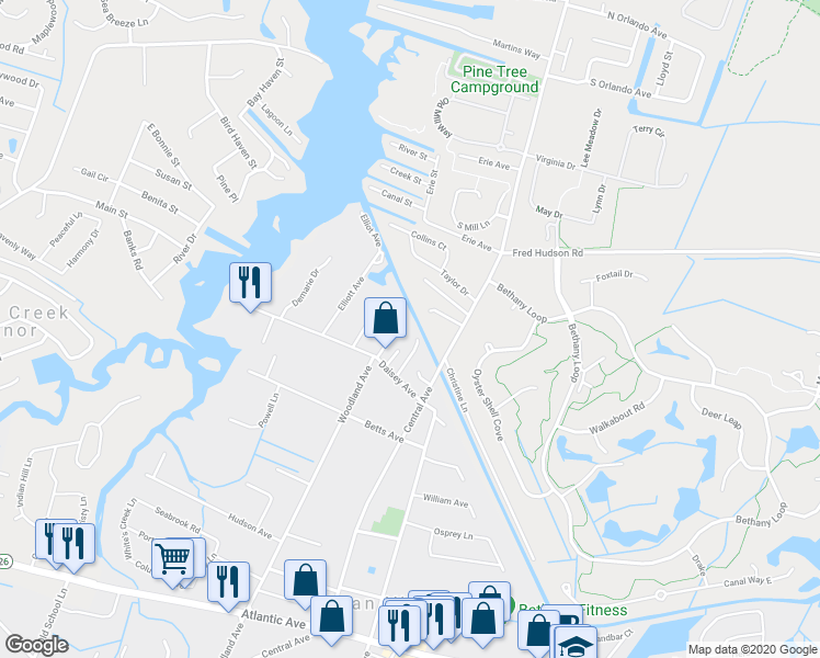 map of restaurants, bars, coffee shops, grocery stores, and more near 2 Savage Lane in Ocean View