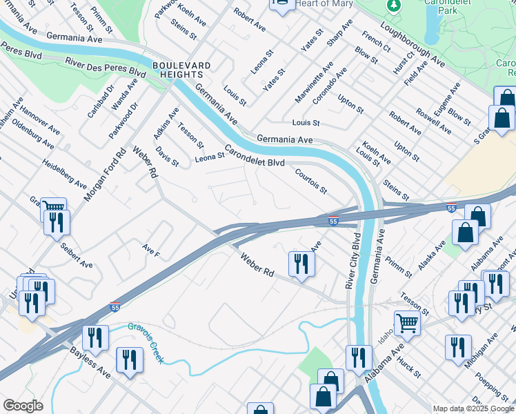 map of restaurants, bars, coffee shops, grocery stores, and more near 3901 Crosby Drive in St. Louis