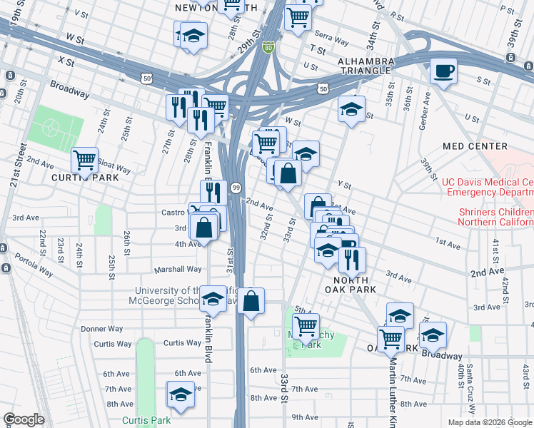 map of restaurants, bars, coffee shops, grocery stores, and more near 3139 3rd Avenue in Sacramento