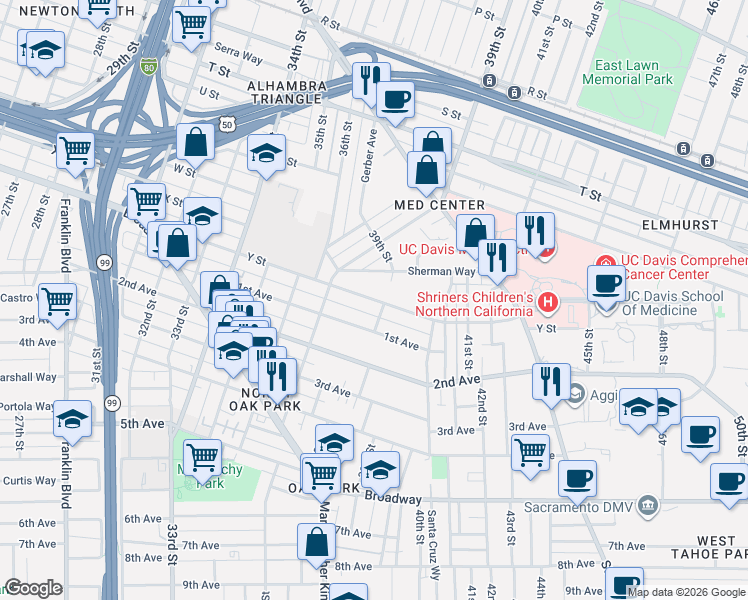 map of restaurants, bars, coffee shops, grocery stores, and more near 2520 39th Street in Sacramento
