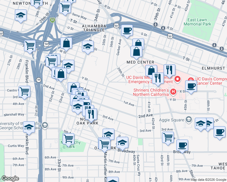 map of restaurants, bars, coffee shops, grocery stores, and more near 3743 1st Avenue in Sacramento