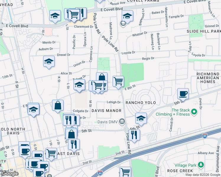 map of restaurants, bars, coffee shops, grocery stores, and more near 1850 East 8th Street in Davis