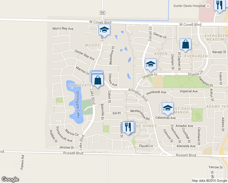 map of restaurants, bars, coffee shops, grocery stores, and more near 2760 Hatteras Place in Davis