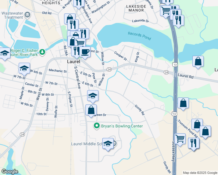 map of restaurants, bars, coffee shops, grocery stores, and more near 310 East 6th Street in Laurel