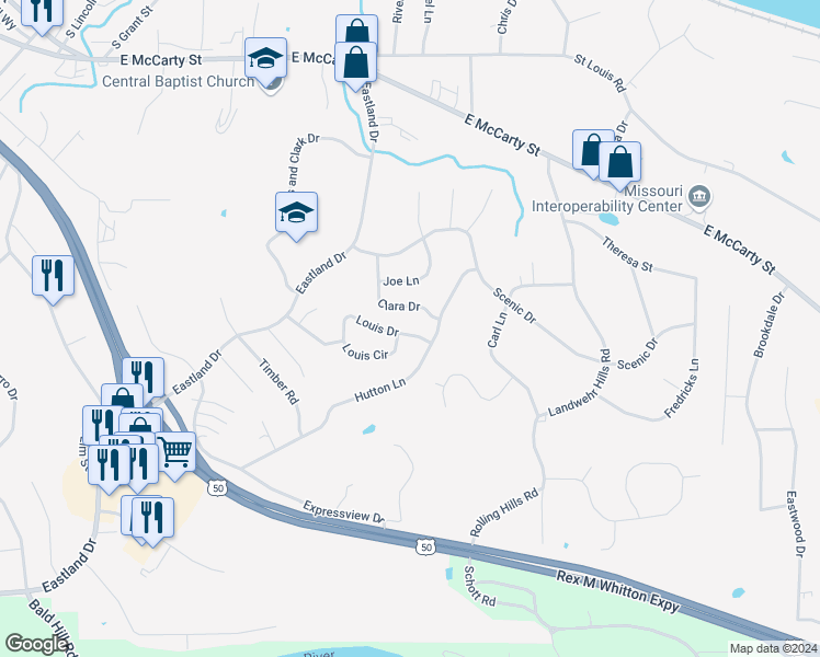 map of restaurants, bars, coffee shops, grocery stores, and more near 2148 Louis Dr in Jefferson City