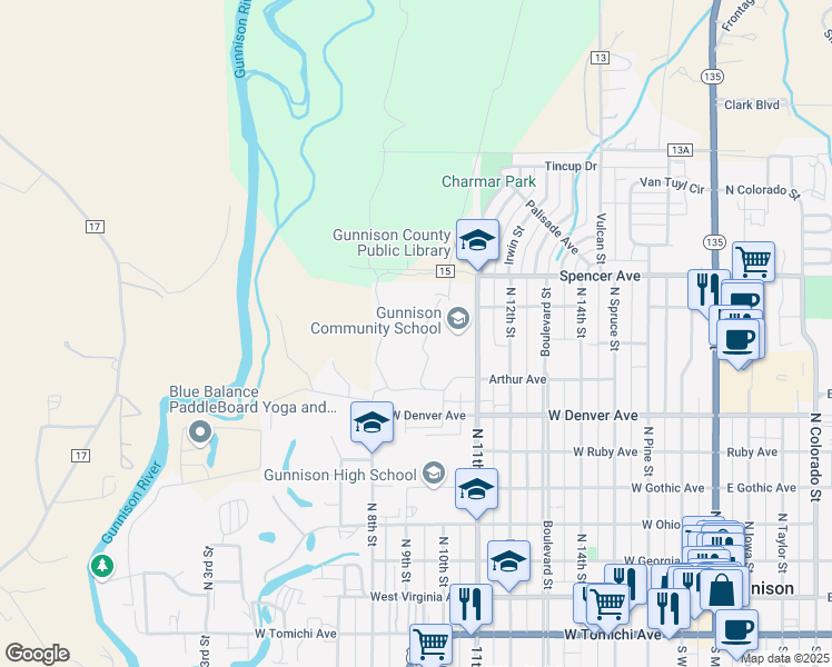 map of restaurants, bars, coffee shops, grocery stores, and more near 1099 North 11th Street in Gunnison