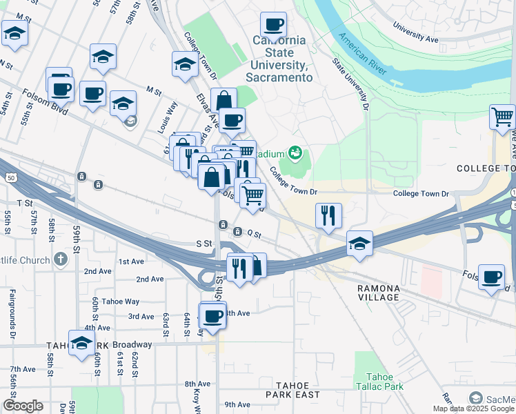 map of restaurants, bars, coffee shops, grocery stores, and more near 6758 Folsom Blvd in Sacramento